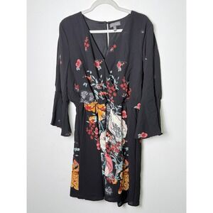 Women's Black Floral Print Bell Sleeve V‎ Neck Midi Dress Size Large Luxology